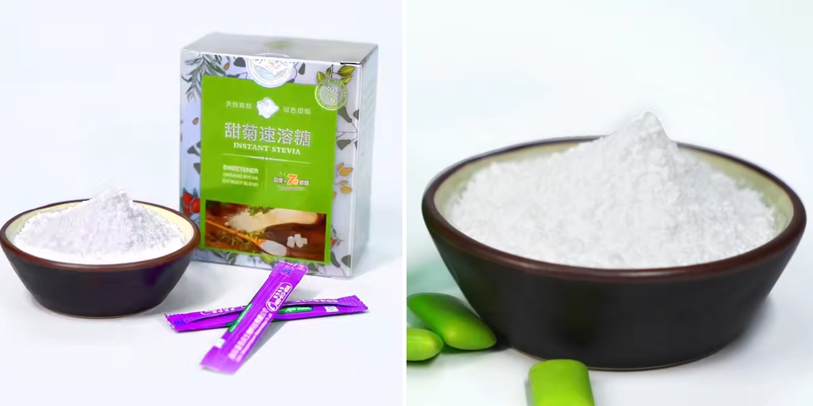 Premium gentle plant-based blood-sugar stevia powder in a presentation bowl alongside specialized packaging
