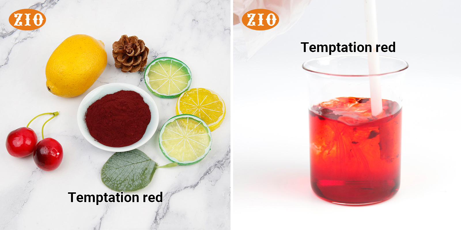 Vibrant Temptation Red Food Colorant powder and dissolved liquid sample